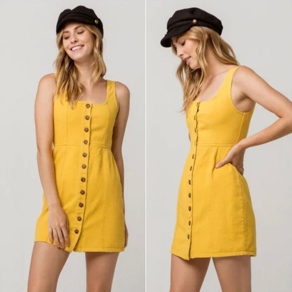 Tilly's Chloe & Katie Denim Pinafore XS Dress Yellow Button Front Mini Mustard